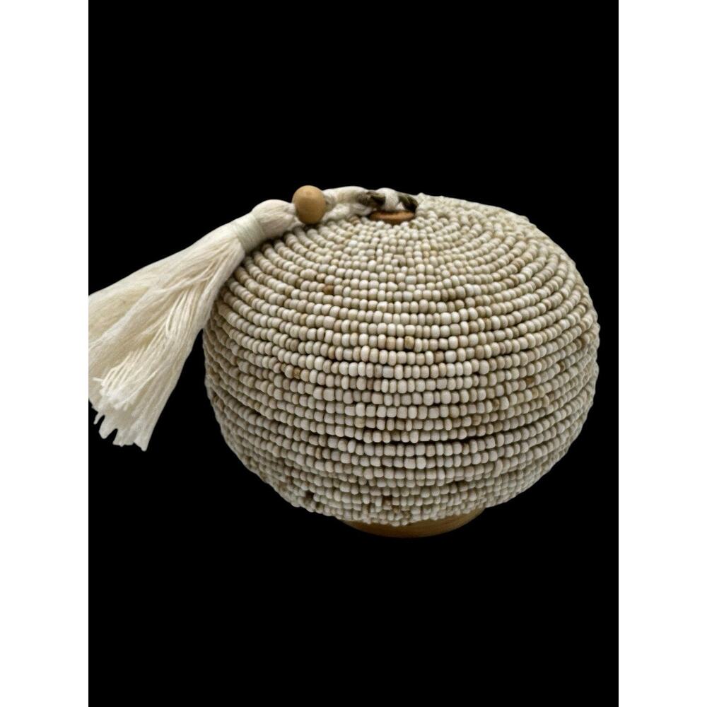 Balinese Handmade Beaded Bamboo Trinket Box Tassel Lidded White Natural Basket